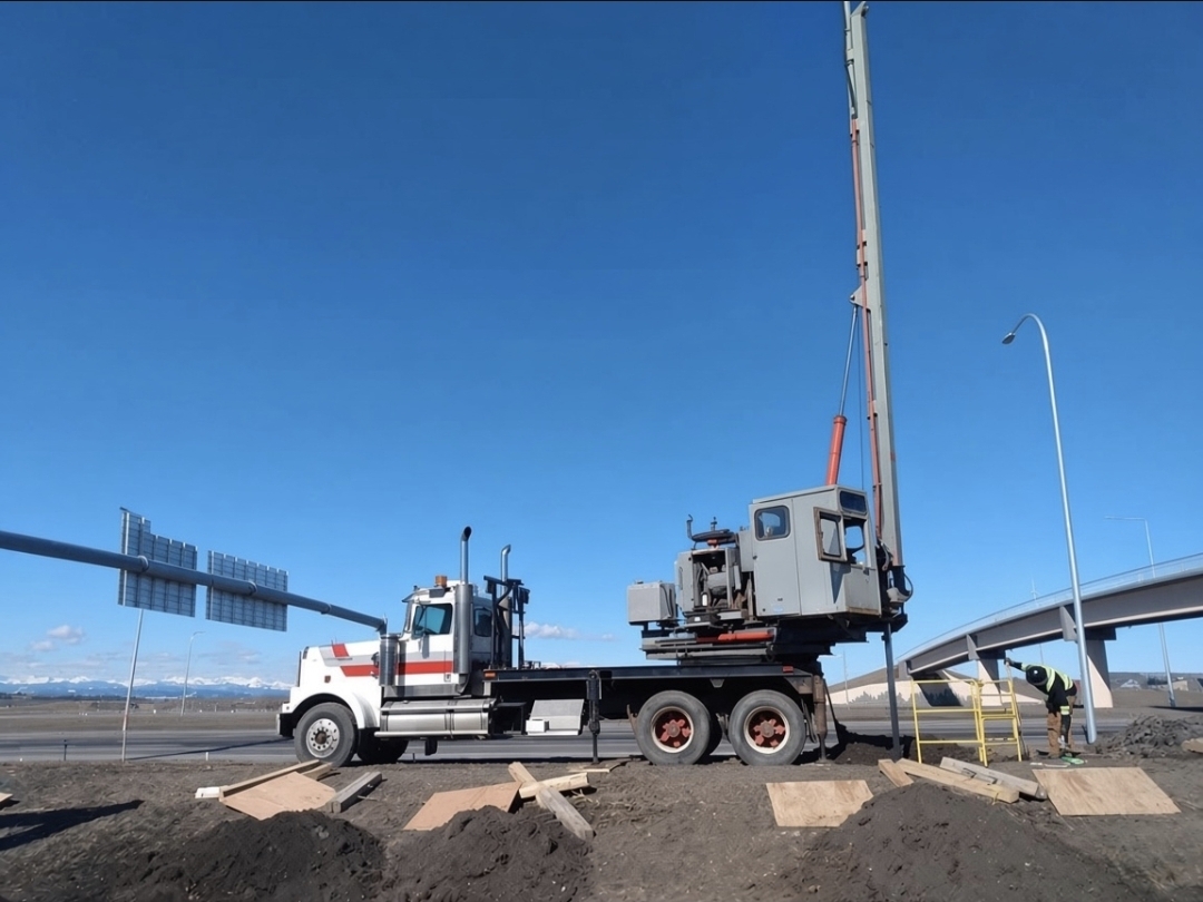 Pile drilling rig on a flatbed truck at a jobsite near Edmonton