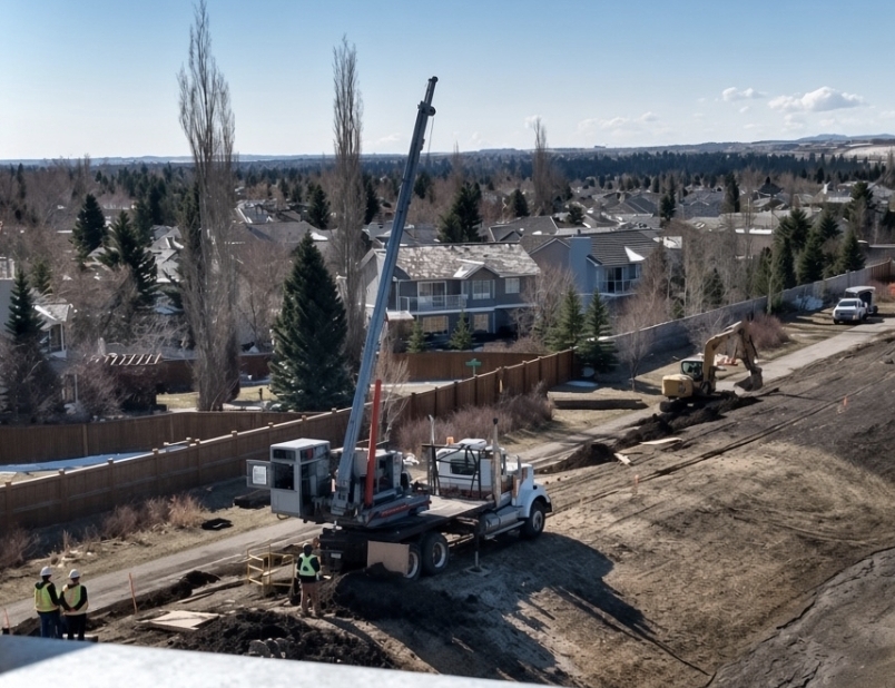 Boom truck with extended crane beside a residential construction site