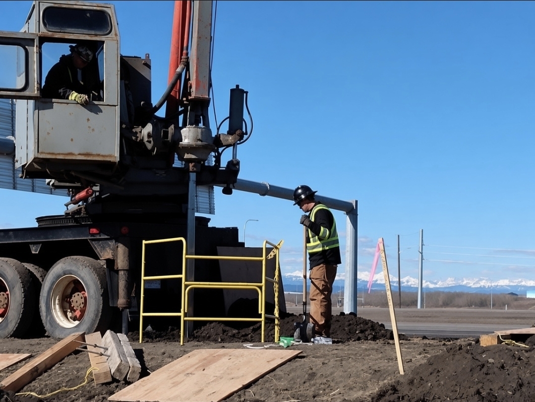 Drilling auger truck working on a jobsite near Edmonton